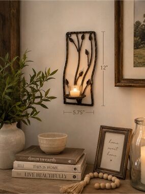 Iron Leaf Candle Wall Sconce | Dark Bronze Metal Wall Decor | 12” x 5.75” | New